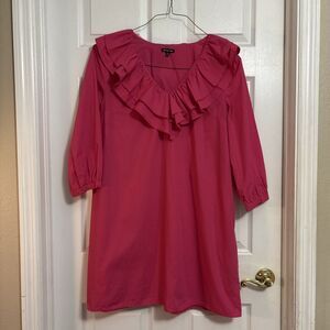 Who What Wear Hot Pink Ruffled Collar Midi Dress with Pockets 3/4 Sleeve Size XL